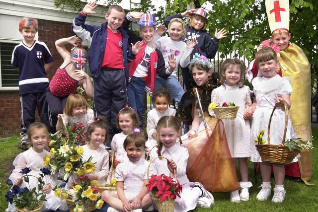 The queen's coronation and the world cup come together on Wednesday 29th of May 2002 at All Saints RC Primary School, Golborne, to celebrate the Queen's Golden Jubilee.