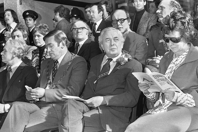 Harold Wilson, who had resigned as Prime Minister 4 days earlier, with wife Mary and officials at the English Schools Swimming International organised by local teachers at Wigan International Pool on Saturday 20th of March 1976.