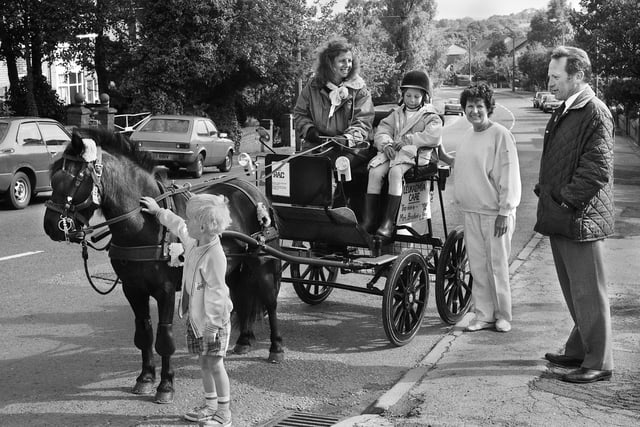 1989 - Irene Carter and son Byron from Cornwall say their goodbyes to the Gibsons on Chorley Road, Standish, with whom they stayed overnight on their way from John o' Groats to Lands End in their pony and trap in aid of Leukaemia Care on Thursday 1st of June 1989.