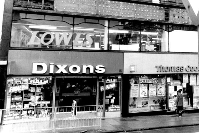 1984  - Dixons electrical shop, Thomas Cook travel agents and Lowe's department store, Market Place Wigan.