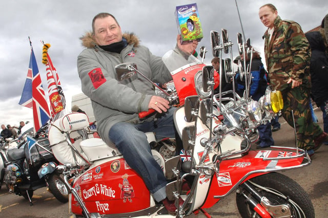 Wigan Warriors fan, Paul Aspey, on his Cherry and White Flyer at Ginger's Easter Egg Run from Lowton Civic Hall. 