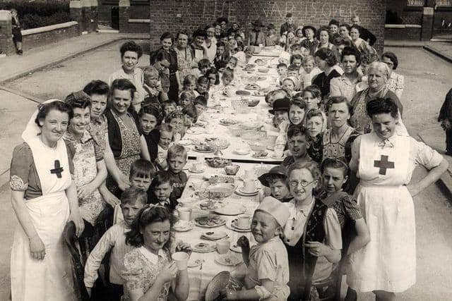 A VE Day street party in Dakins Road, Leigh, in 1945