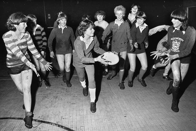Whitley High School girls rugby league team training in November 1980.