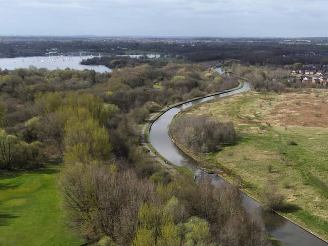 An aerial view of the canal and Pennington Flash at Leigh
