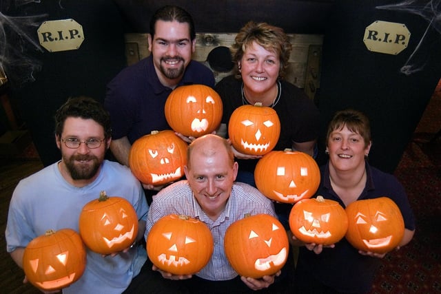 Sinister Bunch staff members Leon Cadman, Mike Taylor, Denise Kelly join Jon and Vicky Ambrose preparing for Halloween charity party night at the Berkeley, Wigan