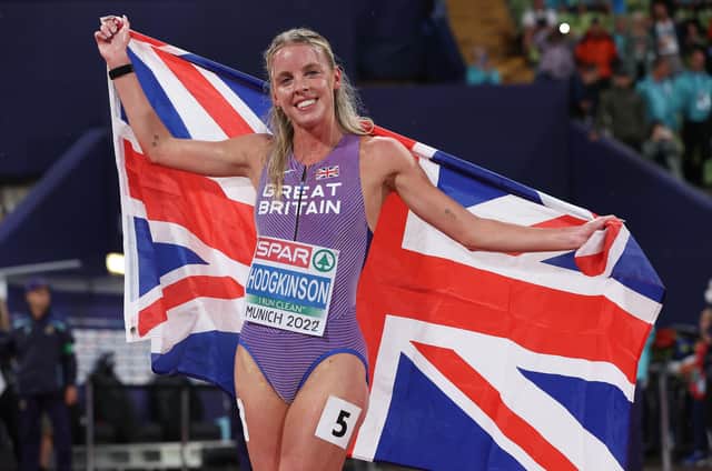 Gold medallist Keely Hodgkinson celebrates after the 800m final in Munich