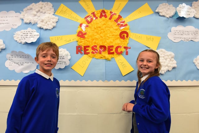 Year Four pupils proudly show their school value, Respect, display.