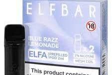 A Blue Razz lemonade Elf Bar with packaging clearly showing that it shouldn't be sold to under-18s