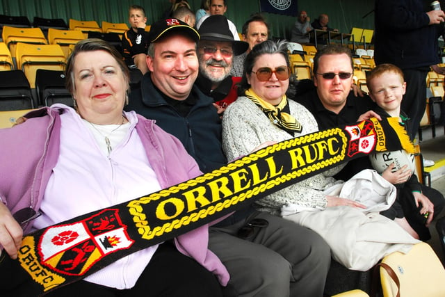 Orrell supporters June McArdle, Nigel Clothier, Geoff Prest, Kaye Bowes, Arwel Pozzi and Rees Pozzi band together to watch their team for the last time at Edge Hall Road. 