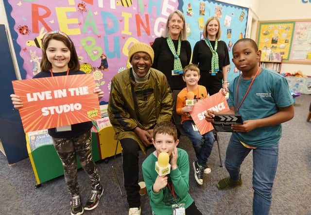 Lemn Sissay is interviewed by children from Media Cubs