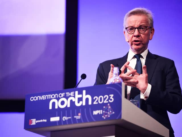 Michael Gove, Secretary of State for Levelling Up, Housing and Communities, speaking at the Convention of the North in Manchester. PIC: James Speakman/PA Wire