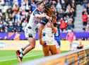 Dom Young celebrates his try against Samoa