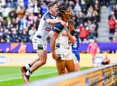 Dom Young celebrates his try against Samoa