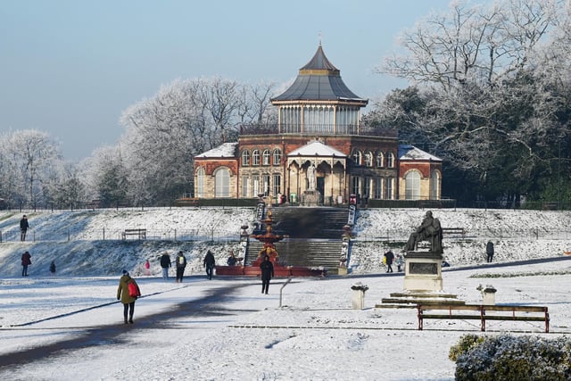 Wigan snow scenes - Snow falls on Mesnes Park, Wigan.