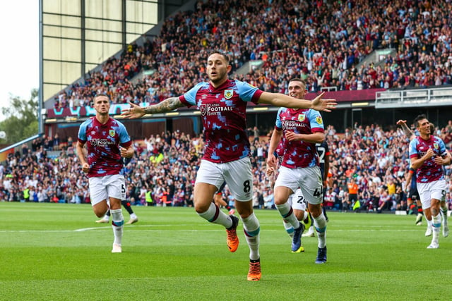 Burnley's Josh Brownhill celebrates scoring his side's first goal 

The EFL Sky Bet Championship - Burnley v Luton Town - Saturday 6th August 2022 - Turf Moor - Burnley