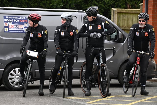 Members of the Orrell RUFC cycling team set off to join the charity cycle north, in memory of former player Stephen 'Raffs' Raffell.
