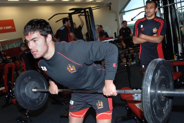 Mark Flanagan on the weights as Wigan Warriors resume training.