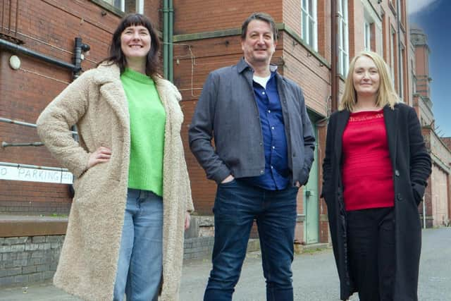 Poet Louise Fazackerley, Healthy Arts project manager Martin Green and Jo Platt, general manager at Leigh Spinners Mill