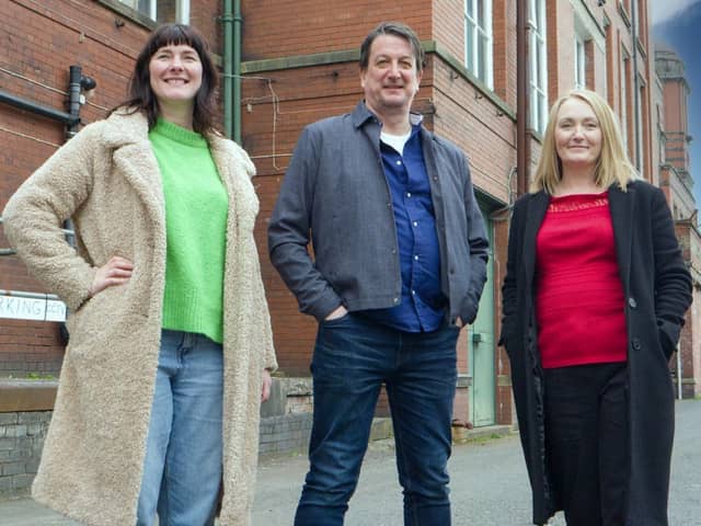 Poet Louise Fazackerley, Healthy Arts project manager Martin Green and Jo Platt, general manager at Leigh Spinners Mill
