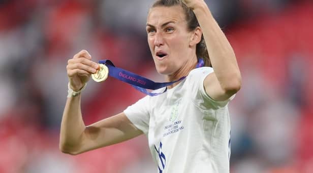 Jill Scott celebrates after England's UEFA Women's Euro 2022 final victory over Germany