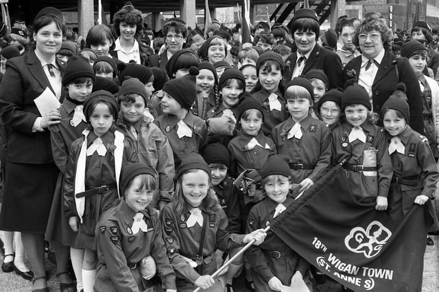 The 18th Wigan Town Brownies, St. Anne's, Beech Hill, at the St. George's Day parade on Sunday 24th of April 1983.