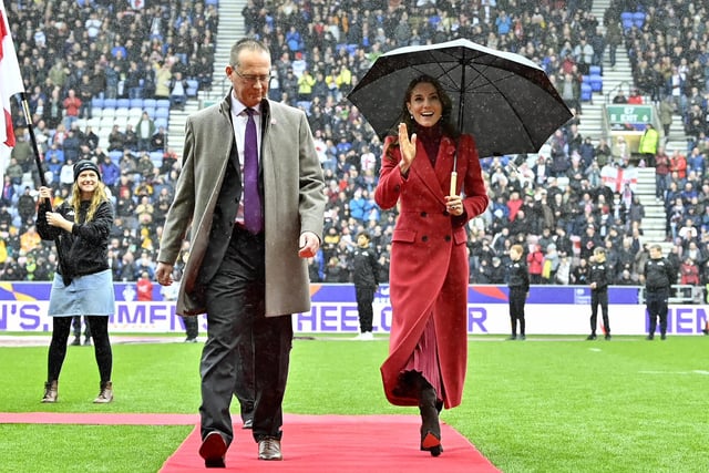 The Princess of Wales walks out onto the field of the DW Stadium.