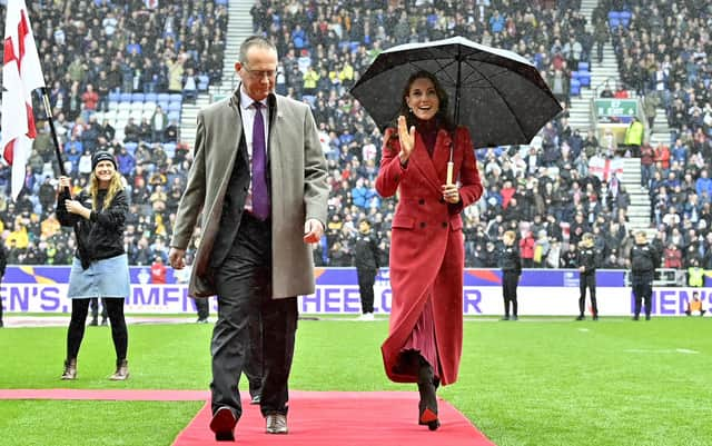 The Princess of Wales walks out onto the field of the DW Stadium.