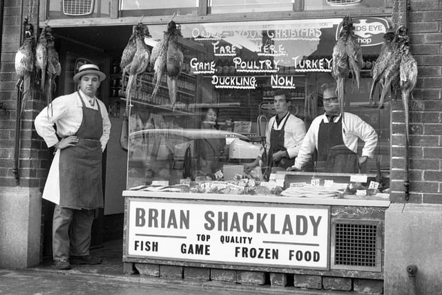 Brian Shacklady's fish shop at the old Wigan market in 1966.  