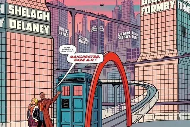 The Doctor and Ruby Sunday visit Manchester in 2424 to discover skyscrapers paying tribute to the likes of George Formby and Lemn Sissay in a new comic strip in the Doctor Who magazine
