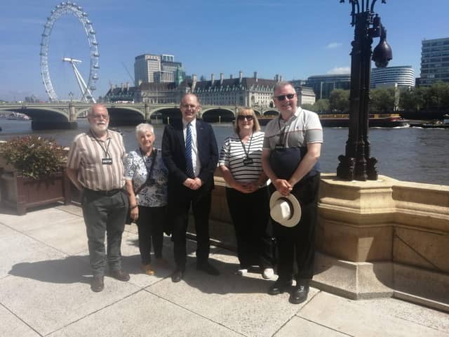 James Grundy in London welcoming Labour councillors Charles Rigby (left), Kevin Anderson and their spouses. The MP put out this picture to show that people can still get on despite having different political opinions