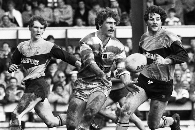 Wigan stand-off Brett Kenny sets up an attack against St. Helens in the Good Friday league clash at Central Park on the 5th of April 1985. Wigan lost the match 19-30.