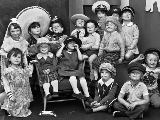 Reception children dressing up at St. Patrick's RC Primary School, Hardybutts, in May 1977.