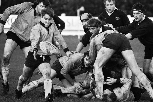Orrell scrum-half Chris Wright kicks through after gaining possession from a maul against Wasps in a Courage League Division 1 match at Edge Hall Road on Saturday 14th of January 1989. The game was a 9-9 draw.