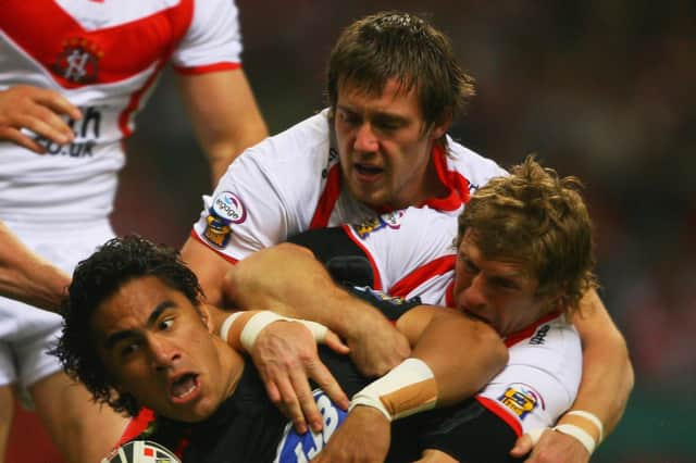 Wiganer Bryn Hargreaves, playing against his hometown club in the colours of St Helens