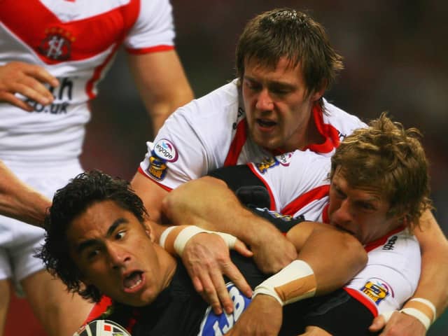 Wiganer Bryn Hargreaves, playing against his hometown club in the colours of St Helens
