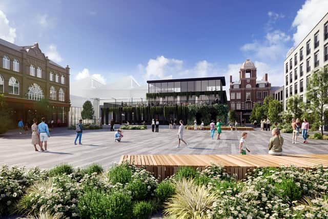 The area currently occupied by Woodcock Square looking towards the Queen's Hall on Market Street