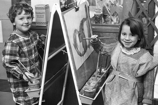 Matthew Doran and Suzanne George painting at Stubshaw Cross CE Infants School in October 1976.