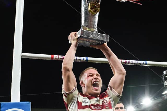 Morgan Smithies lifts the Super League trophy at Old Trafford