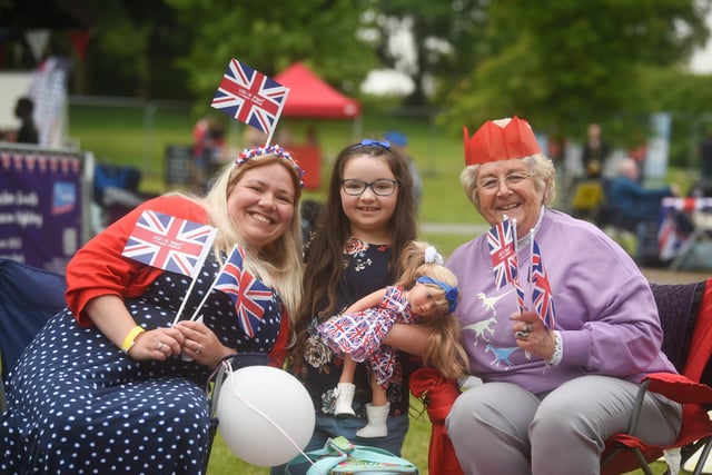 Jubilee Party at Haigh Woodland Park. Sheila Parr and Sue Parr with 8-year-old Sienna Parr.