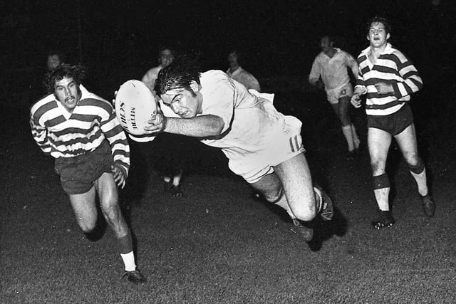 Wigan forward Bill Ashurst scoring a diving try during a league match against Oldham at Central Park on Friday 8th of October 1971. Wigan won 28-13.
