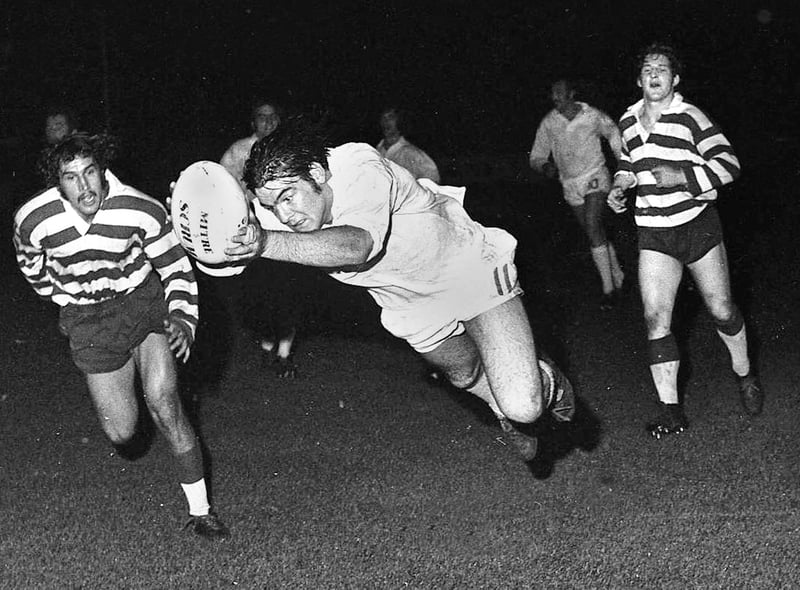 Wigan forward Bill Ashurst scoring a diving try during a league match against Oldham at Central Park on Friday 8th of October 1971. Wigan won 28-13.
