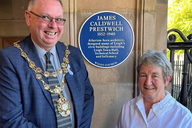 The Mayor of Wigan borough, Coun Kevin Anderson, and nominator Heather Lawler with the HC Prestwich plaque
