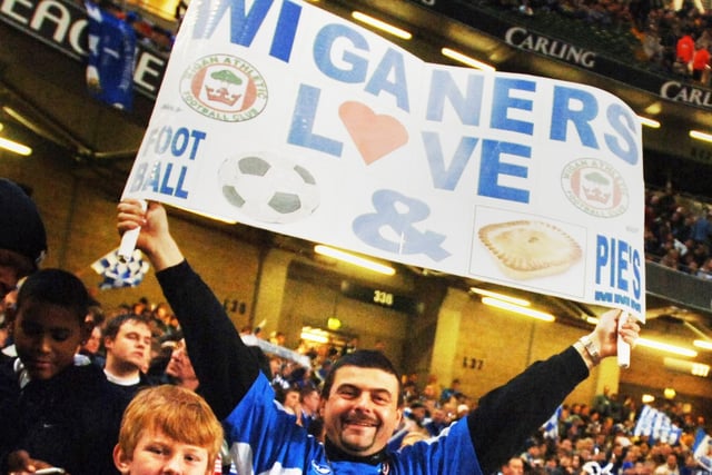 Latics fans show their colours at the Carling Cup Final between Wigan Athletic and Manchester United at the Millennium Stadium, Cardiff, on Sunday 26th of February 2006.
