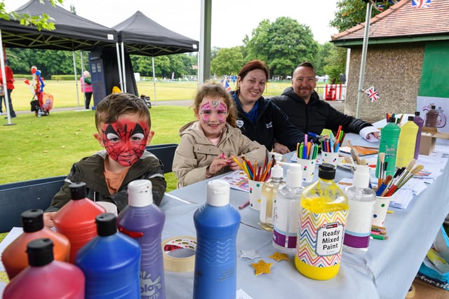 Archie and Layla Ogden with Sophie McDermott and Keith Ribchester doing some crafts  at the Mayor's Jubilee Gala in Pennington Hall Park, Leigh. Photo: Kelvin Stuttard