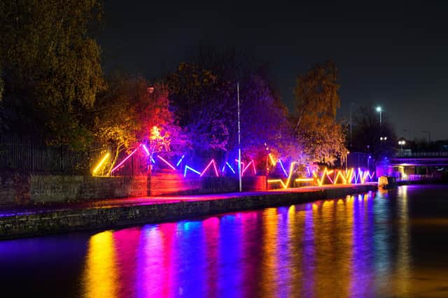 Lights on the Leeds and Liverpool canal as part of the Wigan Light Trail.