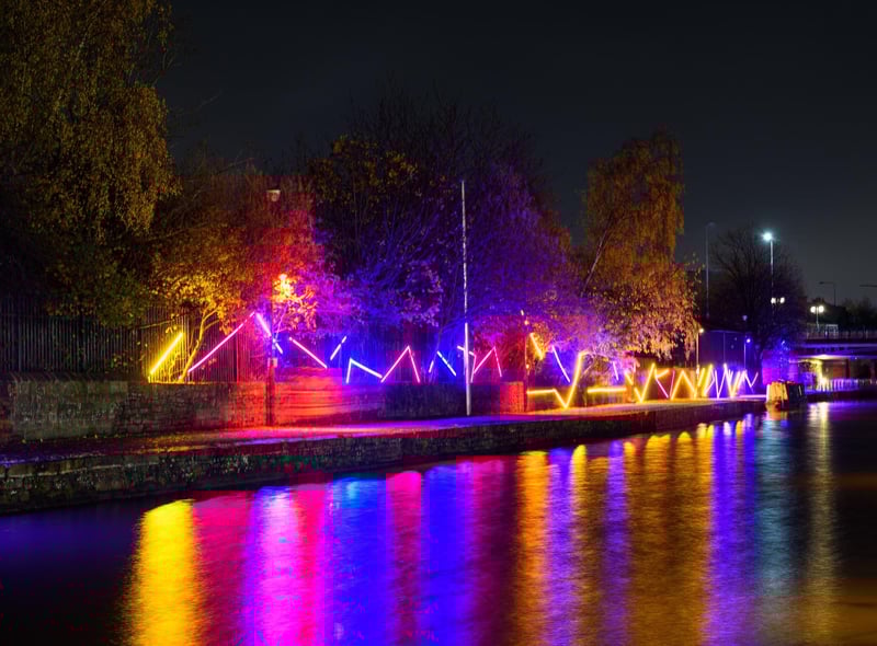 Lights on the Leeds and Liverpool canal as part of the Wigan Light Trail.
