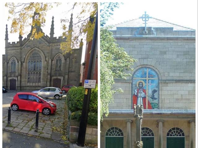 St Mary's (left) and St John's (right) are both historic Catholic churches in Standishgate, Wigan