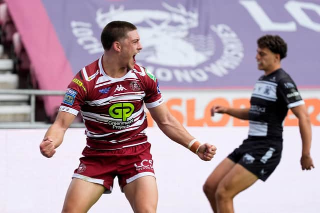 Jacob Douglas celebrates his try against Hull FC. Photo: Olly Hassell/SWpix.com