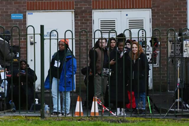 Cast and crew filming Black Ops outside the Thomas Linacre Centre