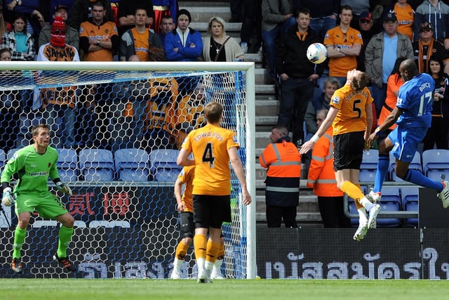 Emmerson Boyce scores his side's second goal against Wolverhampton Wanderers at DW Stadium on May 13, 2012